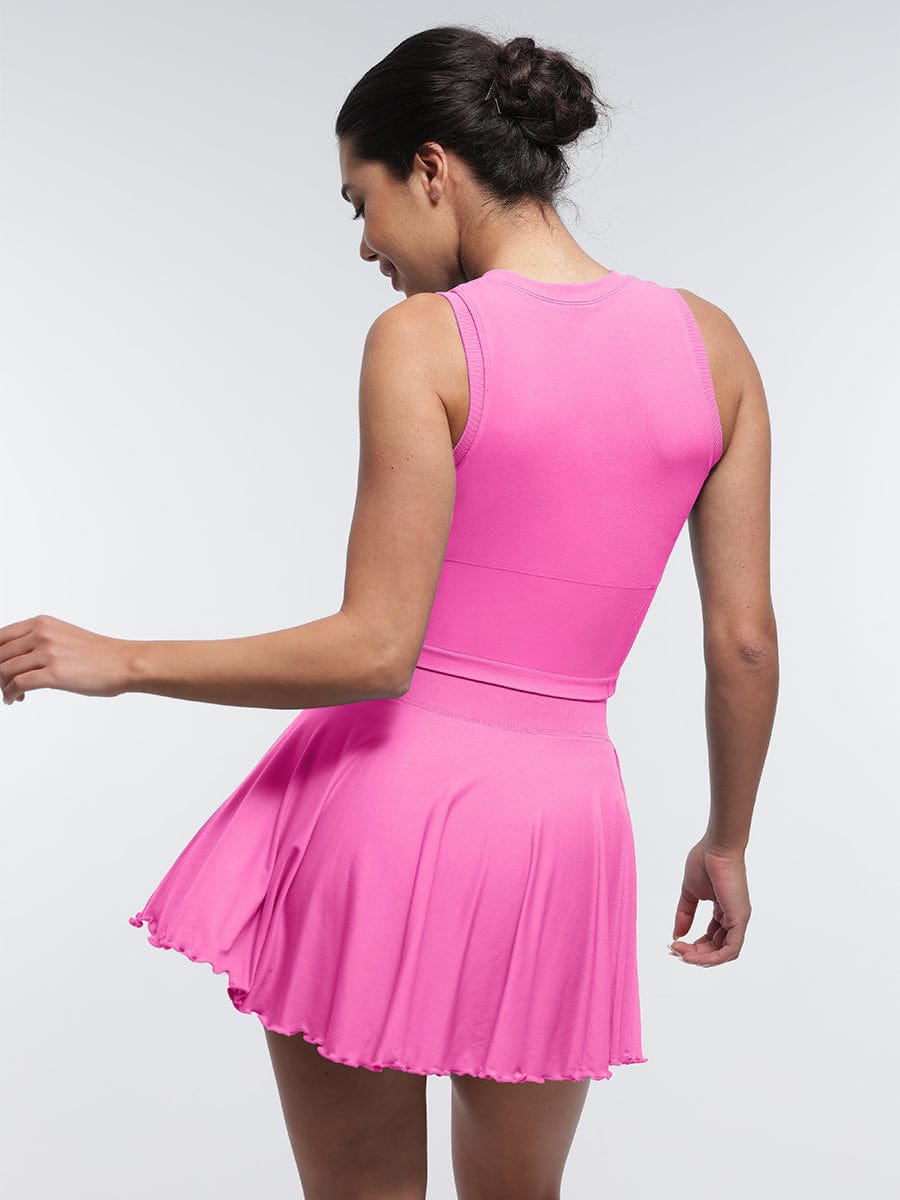 Wholesale Two-Piece Athletic Set  Mid-Waist A-Line Skirt with Built-In Shorts & Supportive Seamless Sports Top