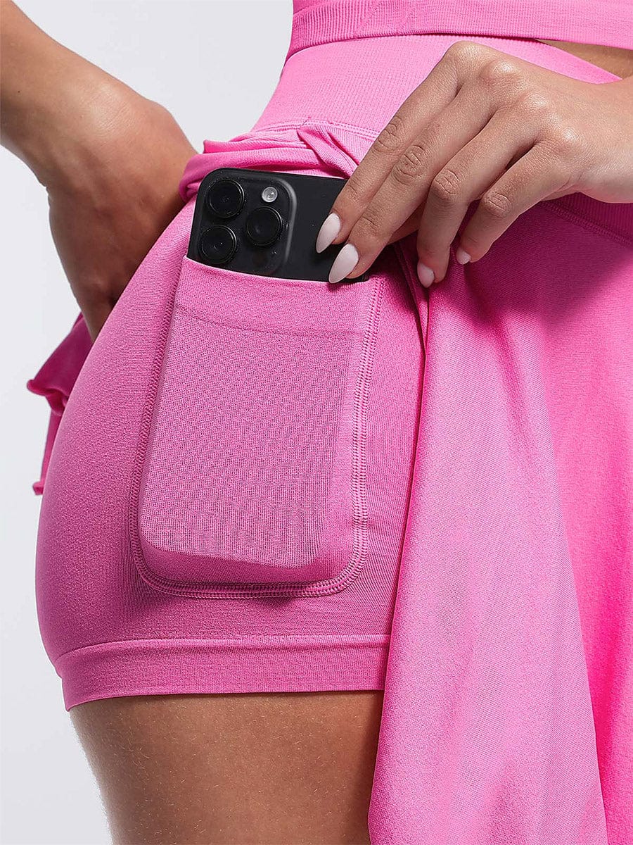 Wholesale Two-Piece Athletic Set  Mid-Waist A-Line Skirt with Built-In Shorts & Supportive Seamless Sports Top