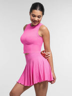 Wholesale Two-Piece Athletic Set  Mid-Waist A-Line Skirt with Built-In Shorts & Supportive Seamless Sports Top