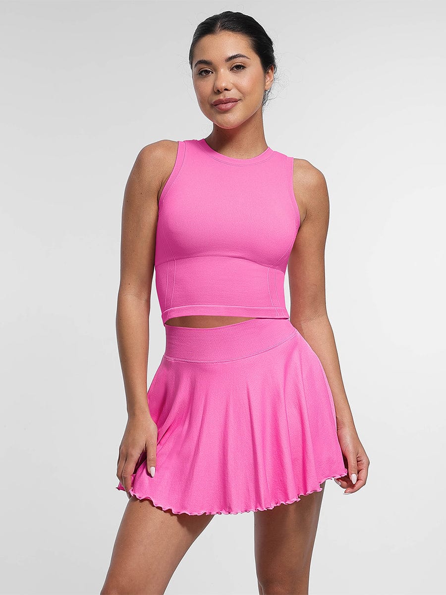 Wholesale Two-Piece Athletic Set  Mid-Waist A-Line Skirt with Built-In Shorts & Supportive Seamless Sports Top