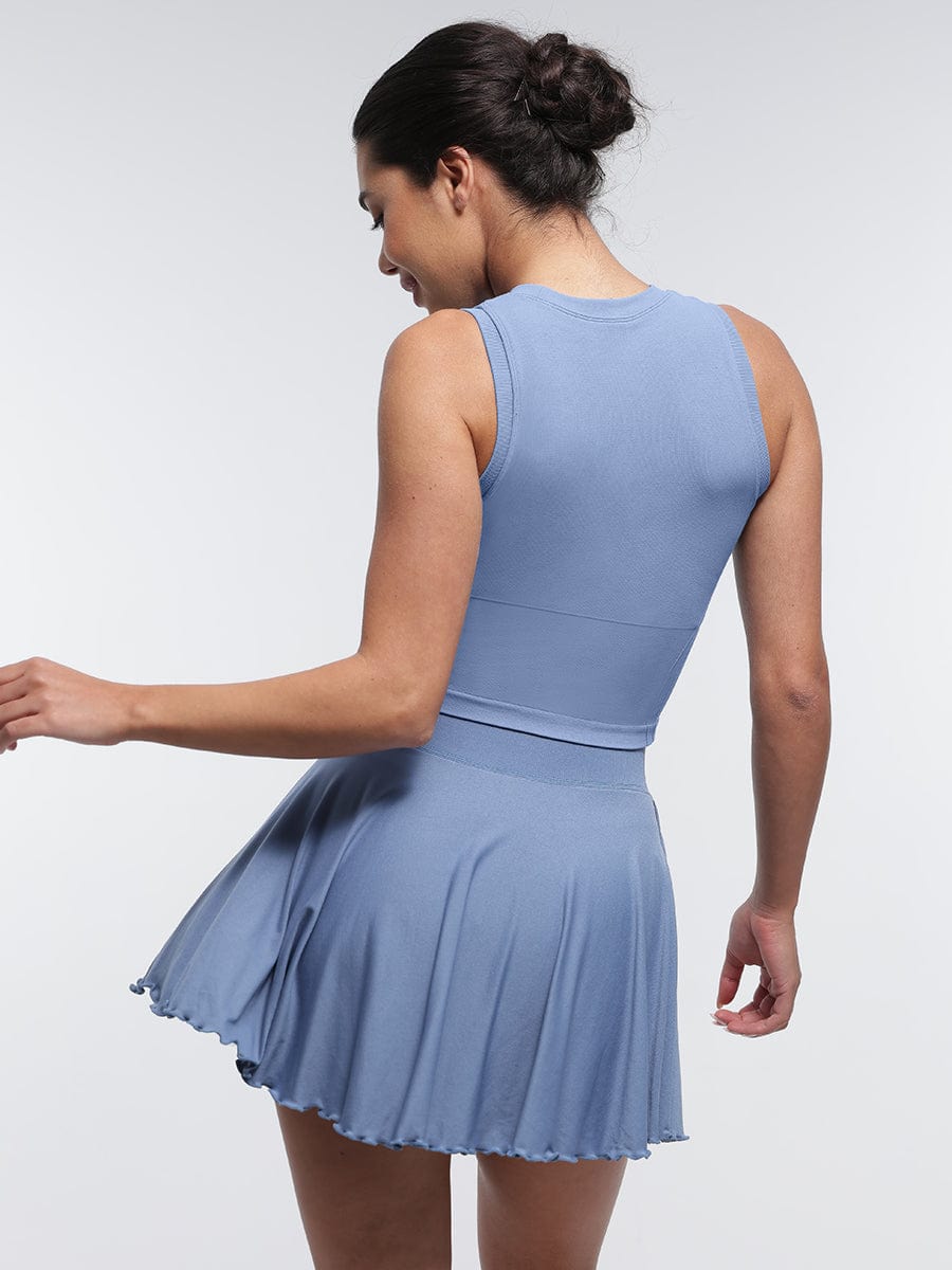 Wholesale Two-Piece Athletic Set  Mid-Waist A-Line Skirt with Built-In Shorts & Supportive Seamless Sports Top