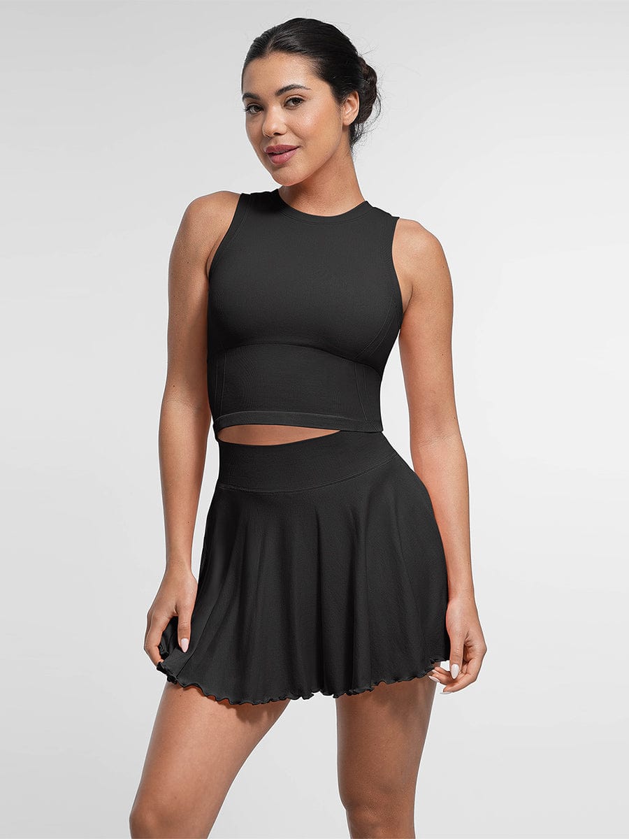 Wholesale Two-Piece Athletic Set  Mid-Waist A-Line Skirt with Built-In Shorts & Supportive Seamless Sports Top