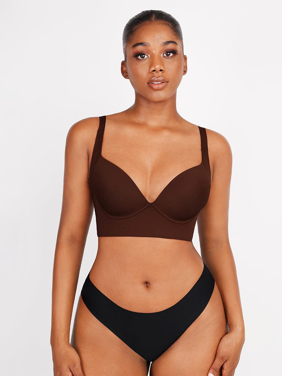 Brown Underwire Push-Up Sculpting Uplift Hide Back Fat Full Coverage Bra