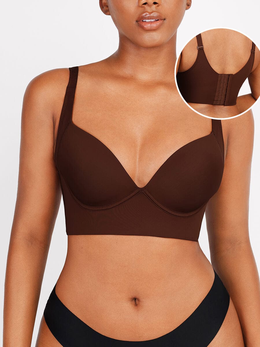 Brown Underwire Push-Up Sculpting Uplift Hide Back Fat Full Coverage Bra