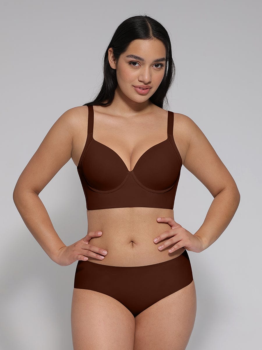 Brown Underwire Push-Up Sculpting Uplift Hide Back Fat Full Coverage Bra