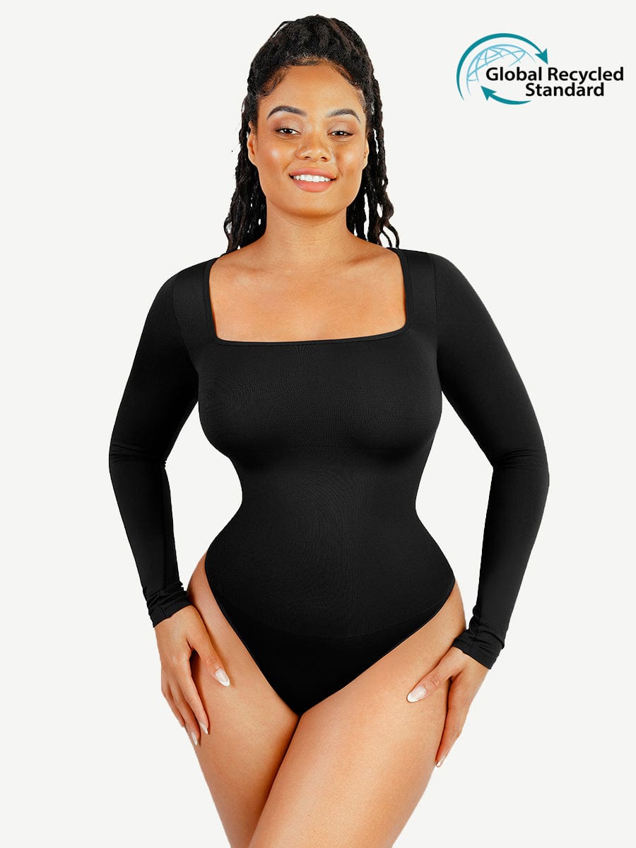 🌿Seamless Eco-friendly Square Neck Long Sleeve 360° Waist Control Thong Bodysuit