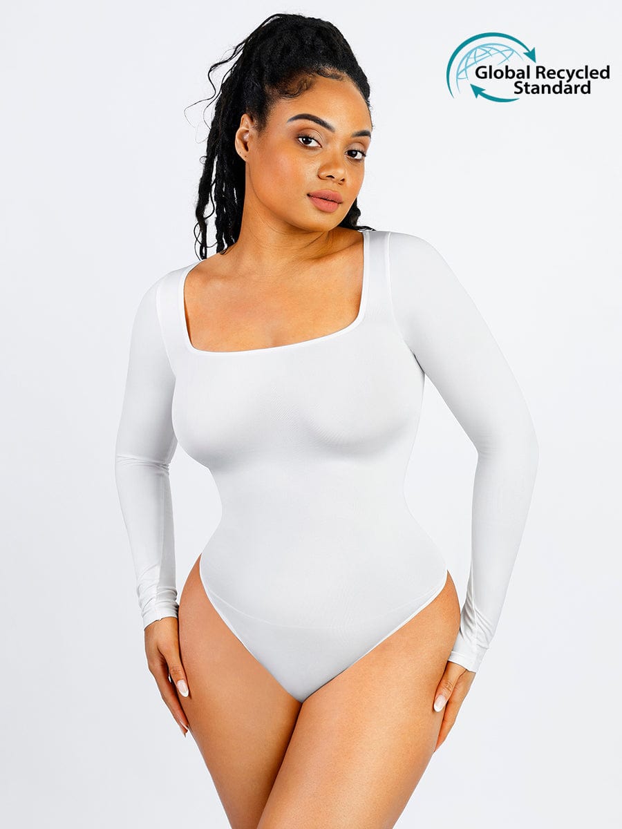 🌿Seamless Eco-friendly Square Neck Long Sleeve 360° Waist Control Thong Bodysuit