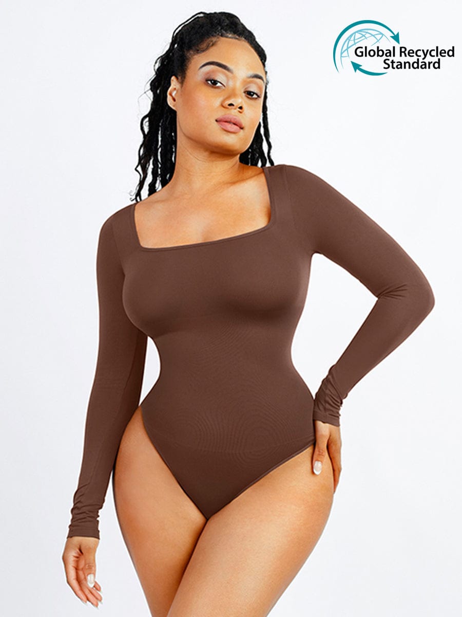 🌿Seamless Eco-friendly Square Neck Long Sleeve 360° Waist Control Thong Bodysuit