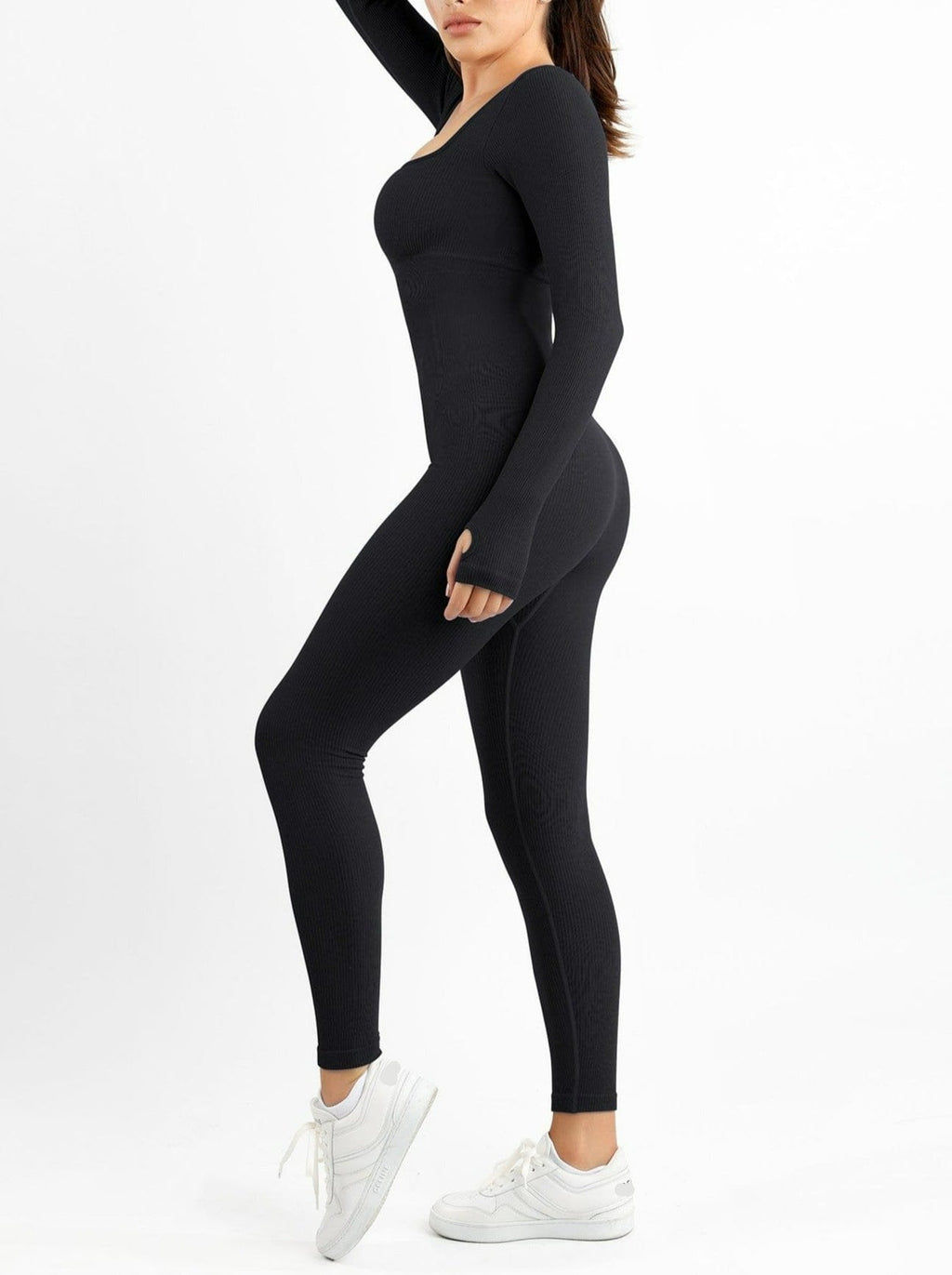 Seamless Thumb Hole Square Neck Long Sleeve Jumpsuit