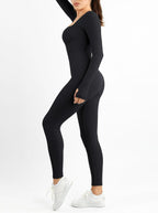 Seamless Thumb Hole Square Neck Long Sleeve Jumpsuit