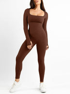 Seamless Thumb Hole Square Neck Long Sleeve Jumpsuit