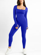Seamless Thumb Hole Square Neck Long Sleeve Jumpsuit