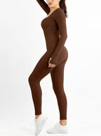 Seamless Thumb Hole Square Neck Long Sleeve Jumpsuit