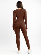 Seamless Thumb Hole Square Neck Long Sleeve Jumpsuit