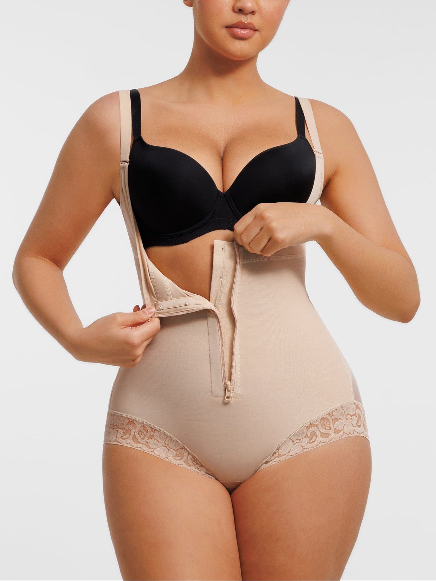 U-shaped Bust Lifting Front Zipper Lace Shapewear